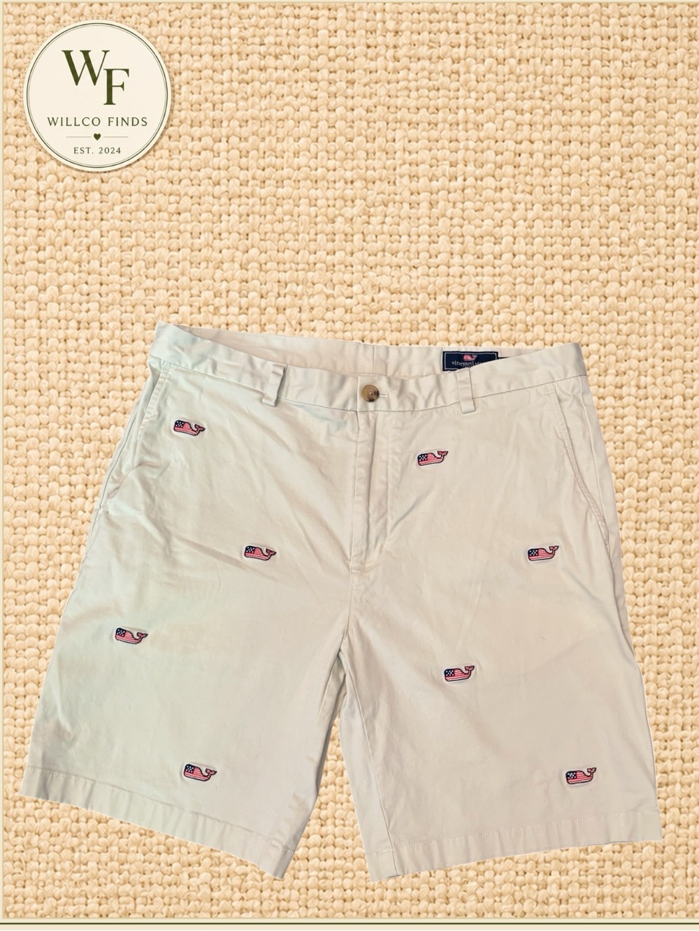 Vineyard Vines Men’s 36 Flag Whale Embroidered Breaker Shorts Khaki 9”